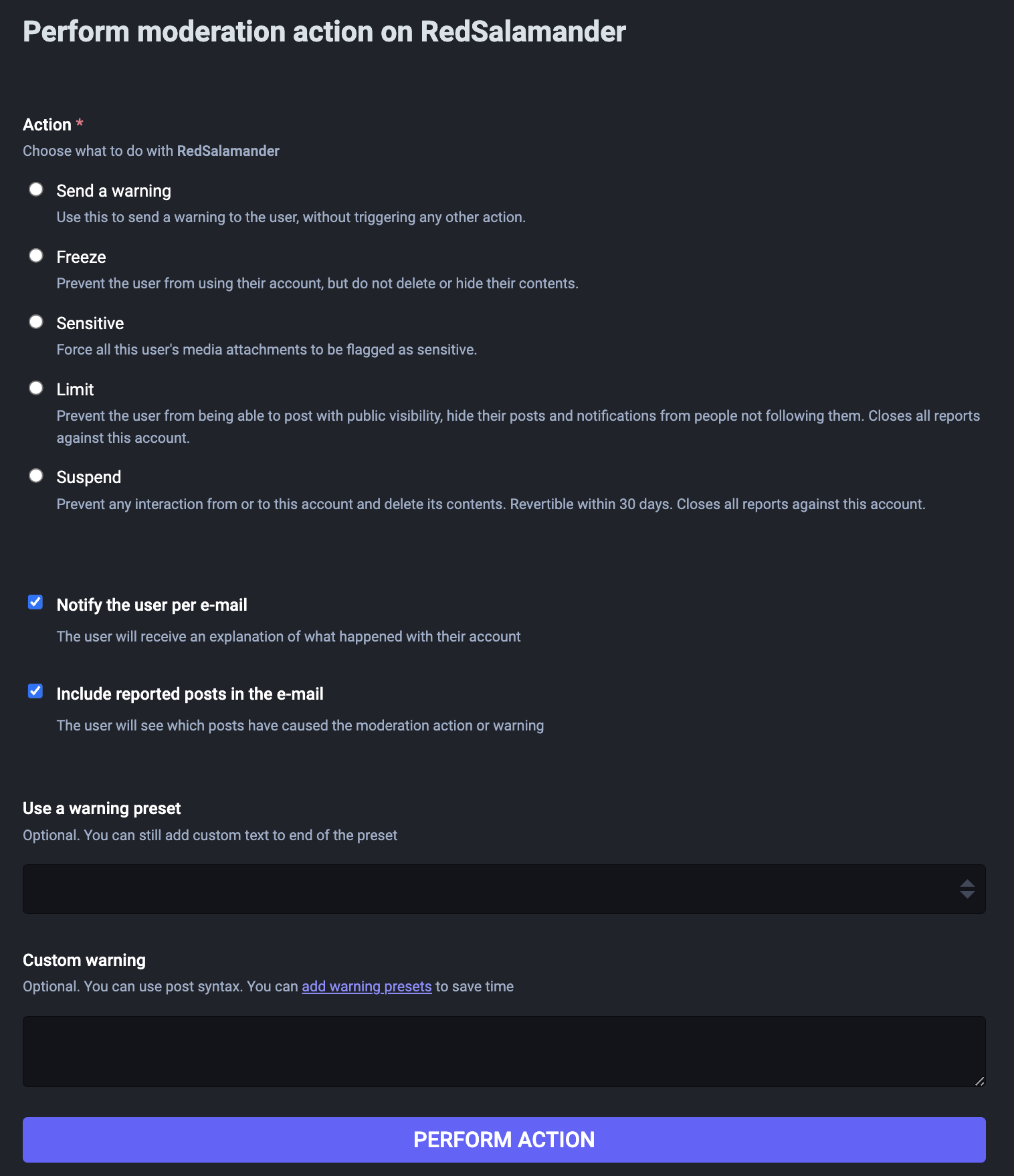 Custom local moderation actions