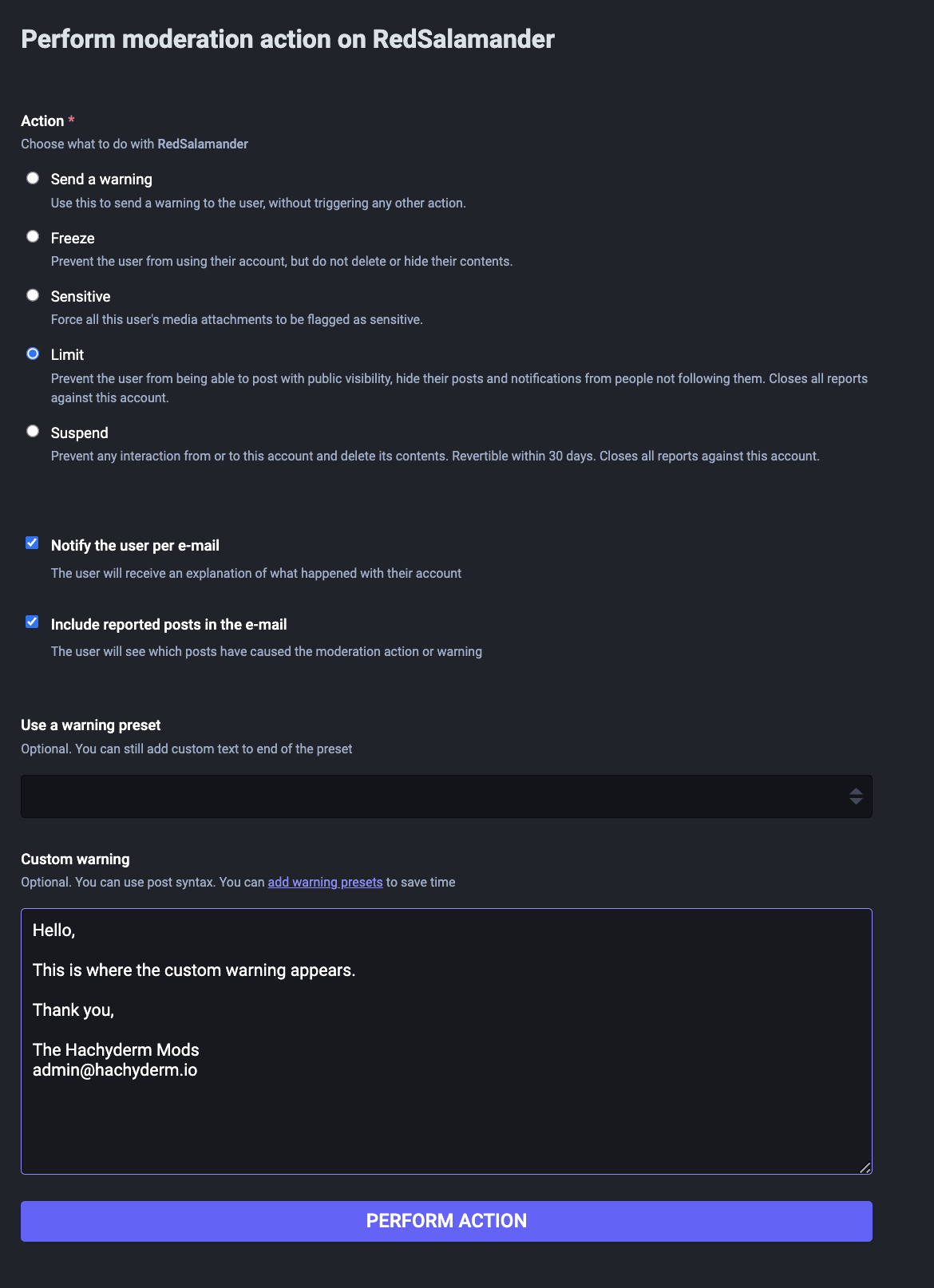 What it looks like when a moderator composes a message to a user due to a custom action