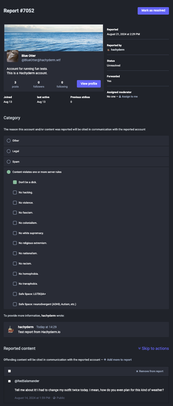 Report about the same user generated by a local user - but it's still a different post