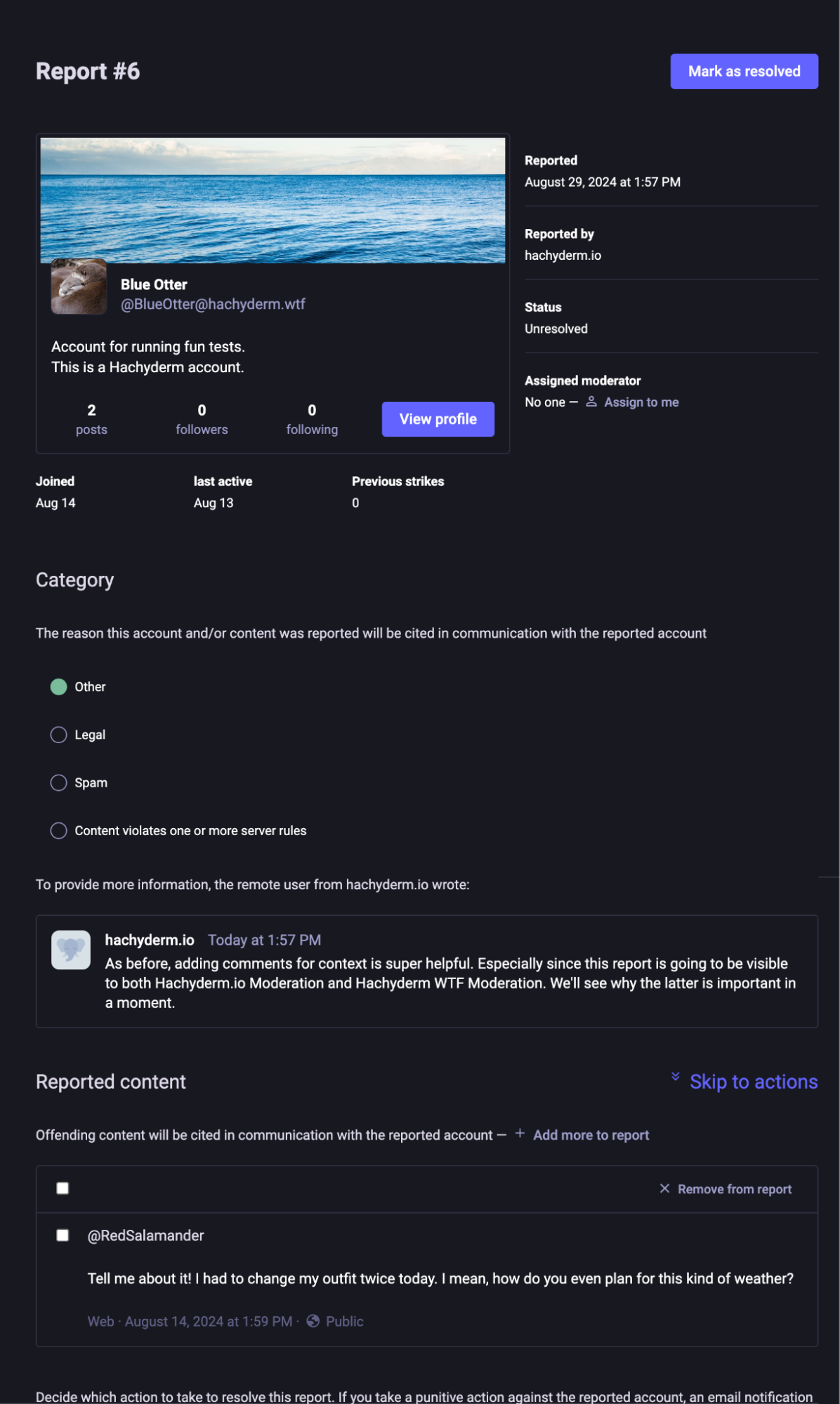 Screenshot from Hachyderm.wtf's moderator interface of what the same report looks like to their moderators