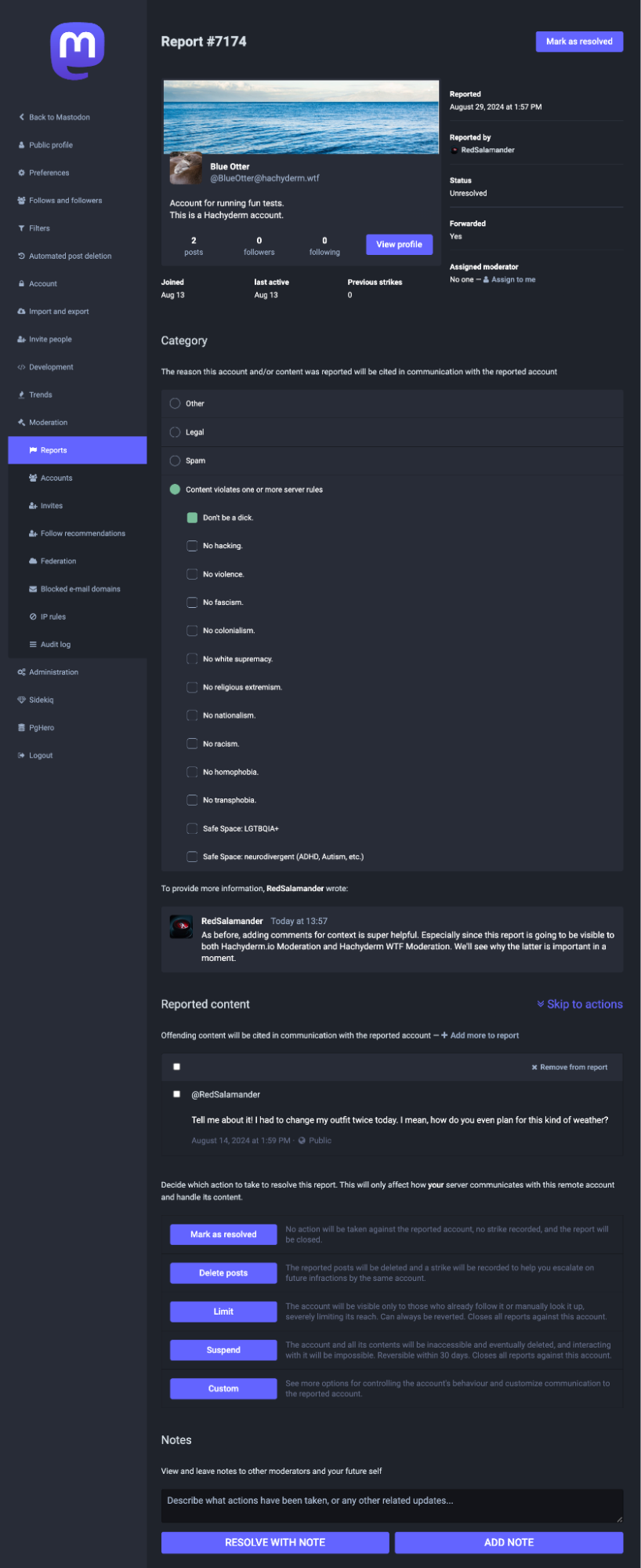 Screenshot of a full report page, starting with the reported user's bio and ending with moderator notes area