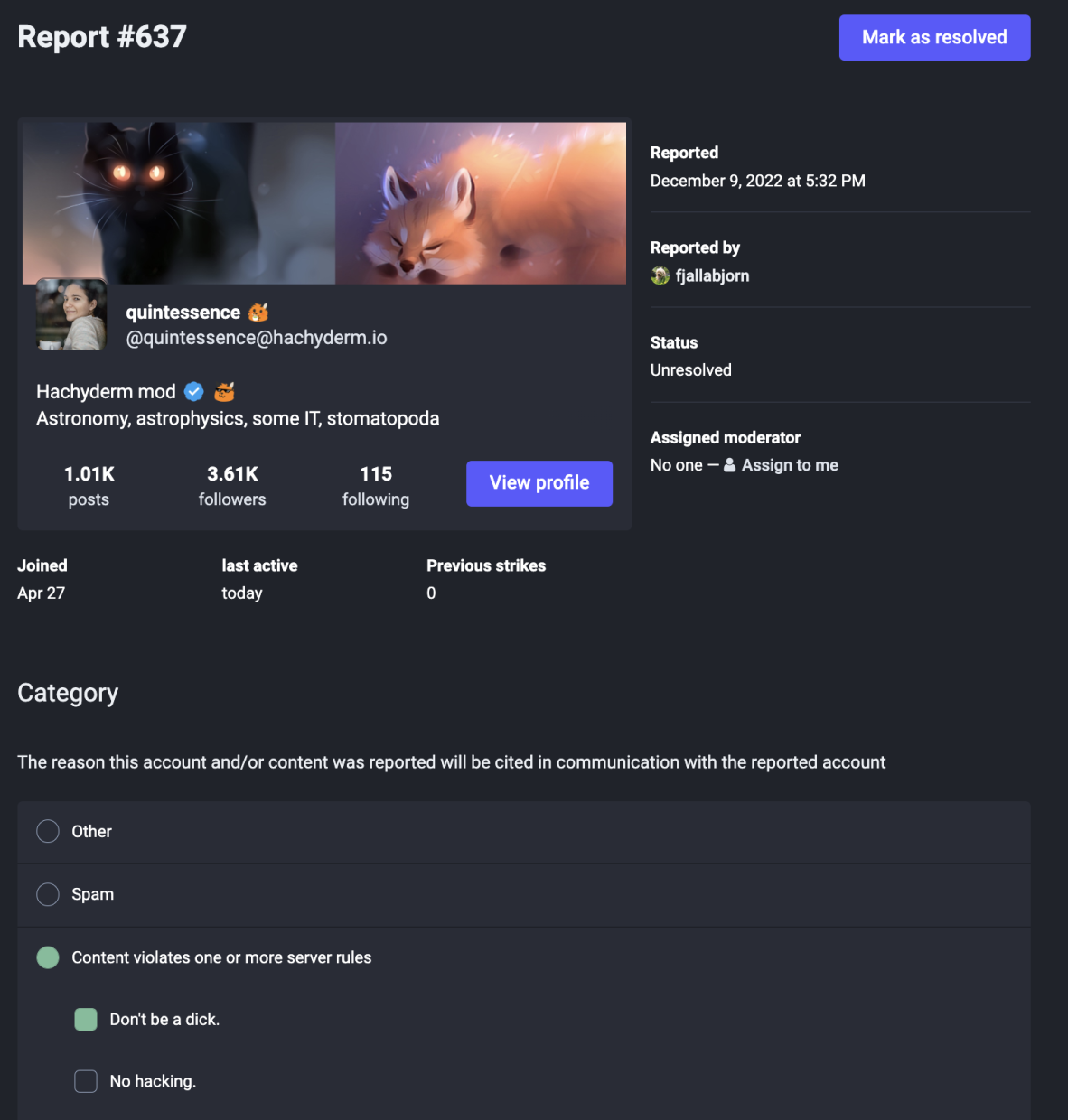 This is the top of the same report. The user is user
quintessence with 1.01K posts, 3.61K followers, and 115
following. The first line of her bio is visible, as is her
header and avatar. The report date and time as well as the
reporting user, Björn, are visible. The Category of the
report is shown as violates server rules - Don't be a dick.