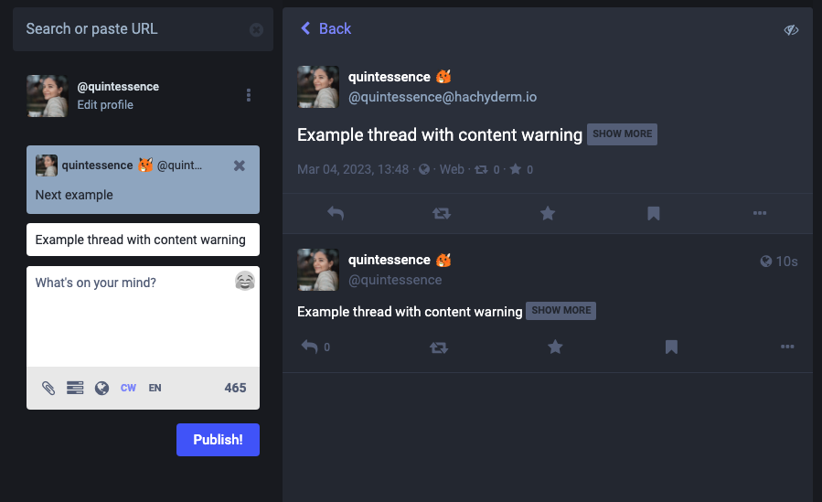 Screenshot of a thread with an example content warning,
that reads Example Content Warning, showing that when a user
replies that content warning is pre-populated