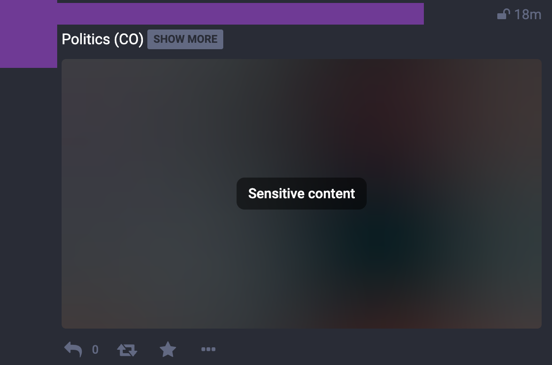 Screenshot of a post with content warning 'Politics (CO)' and the
blurred out content labeled 'Sensitive Content'