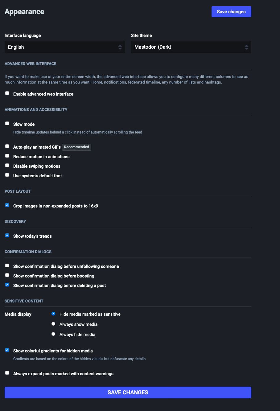 Screenshot of the appearances settings page including checkboxes for the advanced web interface,
slow media, auto-play, and so on.