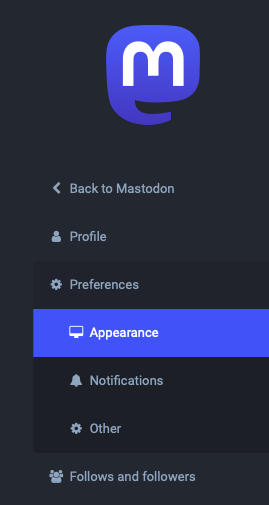 Screenshot of left navigation menu, including Profile top level option and Preferences with
its sub-items Appearance, Notifications, and Other.