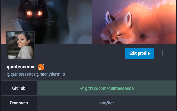 Screenshot of profile for user quintessence, showing avatar, header
and relevantly the verified GitHub URL field which is highlighted in
green and has a green checkmark next to the URL.